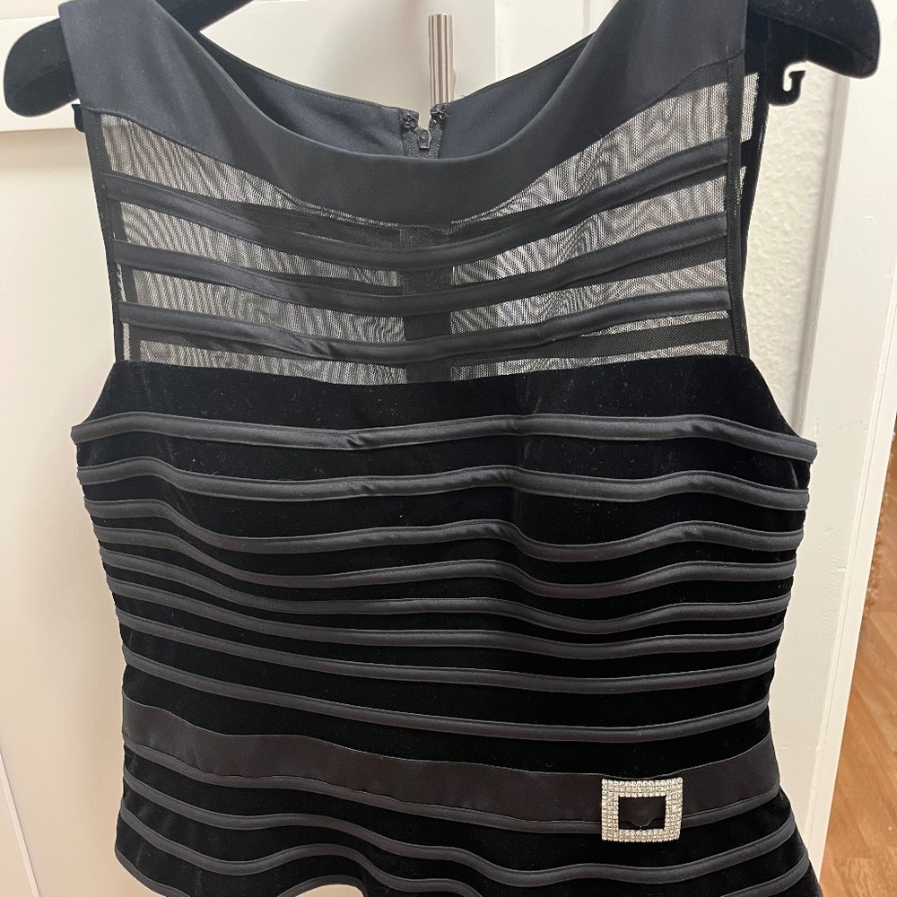 Elegant, feminine black velvet and sheer evening sleeveless top.